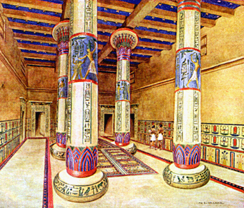 Color drawing showing a reconstruction of the throne room of the Merenptah Palace ca. 1920